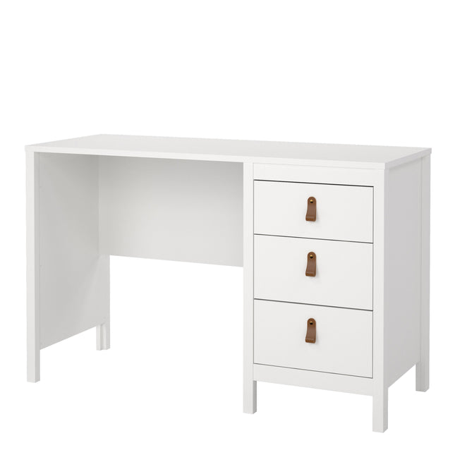 Desk with three drawers featuring leather pull handles, finished in white with a clean, minimalist design