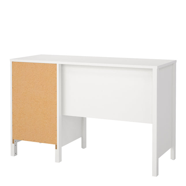 Desk with a smooth white surface, featuring three drawers, one with a cork panel front