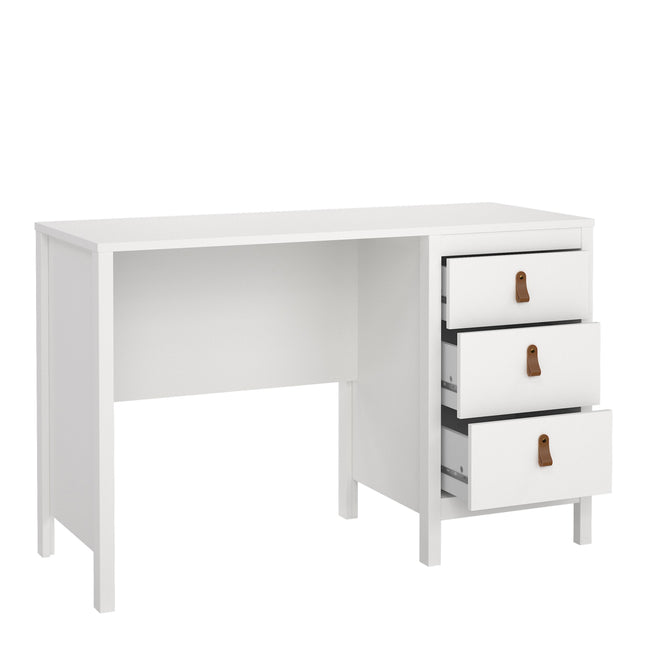 Desk with three drawers featuring leather pull handles, finished in white with a simple, clean design