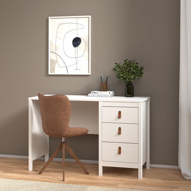 Desk with three drawers, wooden legs, and a smooth white surface, accompanied by a brown upholstered chair