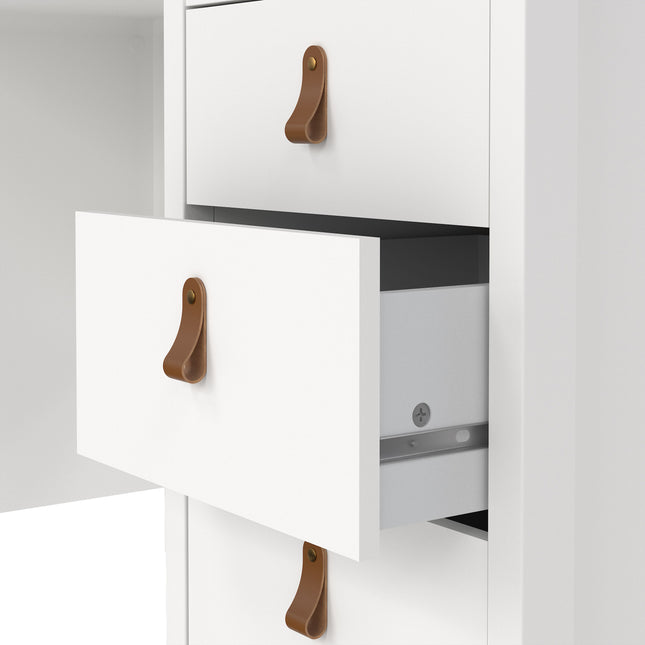 White cabinet with three drawers, featuring brown leather handles and a smooth finish. One drawer is partially open