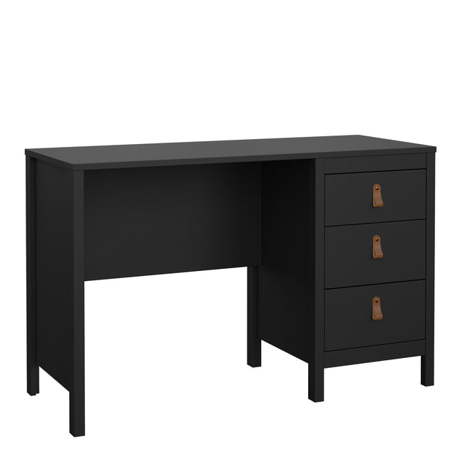 Desk with three drawers featuring leather pull handles, finished in a sleek black. Simple, rectangular design with sturdy