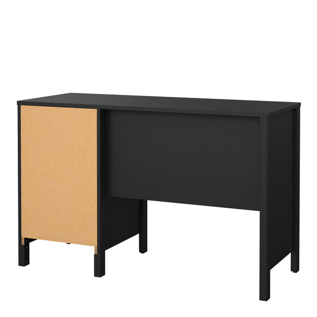 Desk with three drawers, featuring a sleek black finish and a contrasting light wood panel on one side