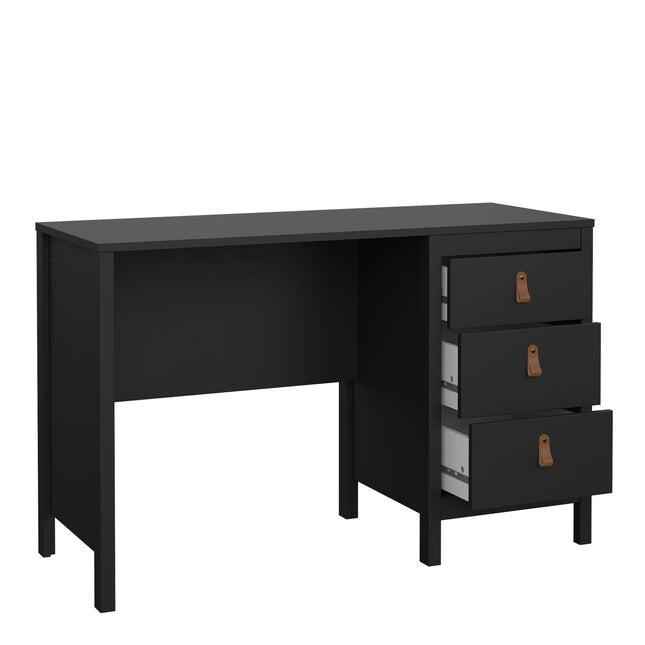 Desk with three drawers featuring leather pull handles, finished in black with a simple, rectangular design