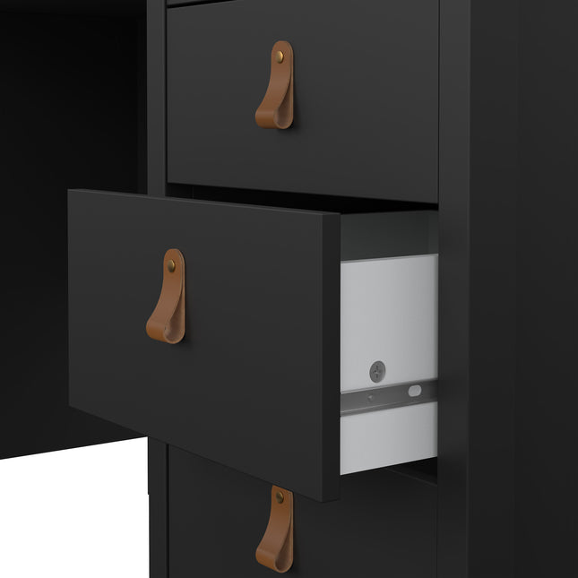 Black cabinet with three drawers, featuring leather pull handles and a white interior in the top drawer