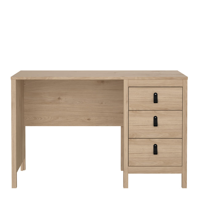 Desk with three drawers, featuring a light wood finish and black metal handles. Simple, rectangular design