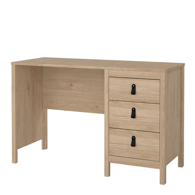 Desk with three drawers featuring black handles, made of light wood with a smooth finish
