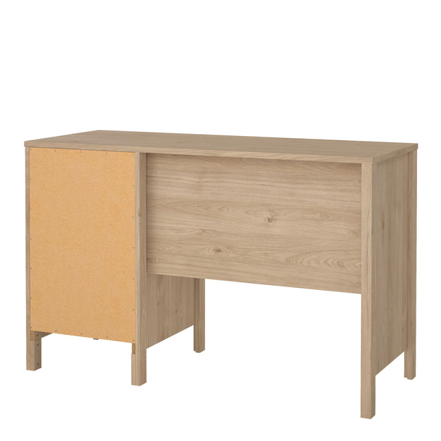 Desk with three drawers, featuring a light wood finish and a smooth surface, complemented by a cork panel on one side