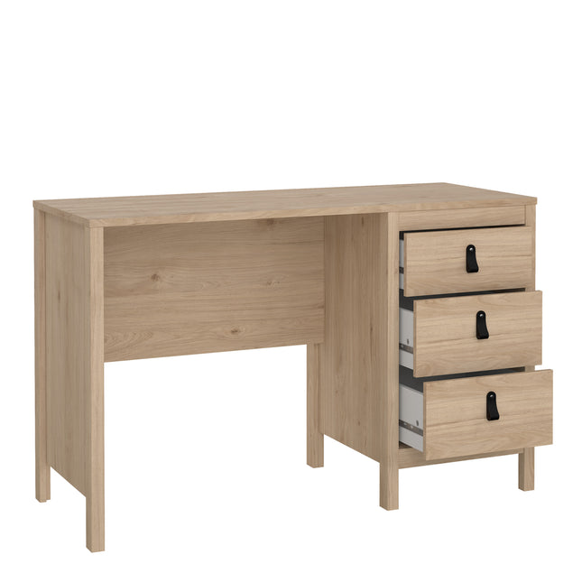 Desk with three drawers, featuring a light wood finish and black handles, with a simple rectangular top and sturdy legs
