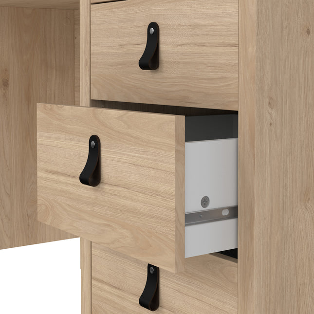 Light wooden desk featuring three drawers with black handles, one drawer partially open to reveal a white interior