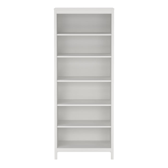 Tall bookcase with five open shelves, featuring a smooth white finish and a simple rectangular design