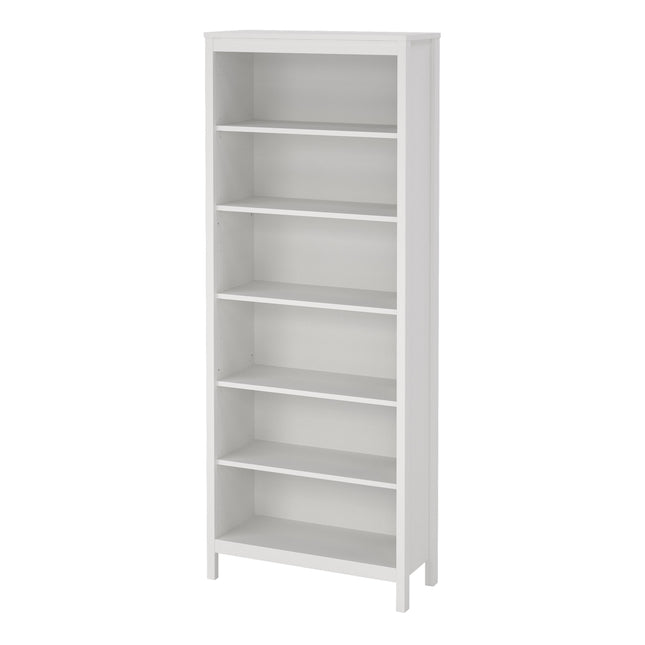 Tall bookcase with five open shelves, featuring a smooth white finish and a simple rectangular design