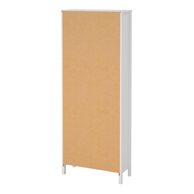 Tall, narrow bookcase with a smooth white frame and a corkboard back panel, standing on four slender legs
