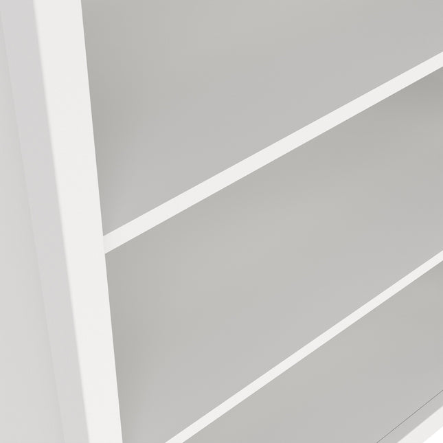 White bookcase with five open shelves and a sleek, minimalist design
