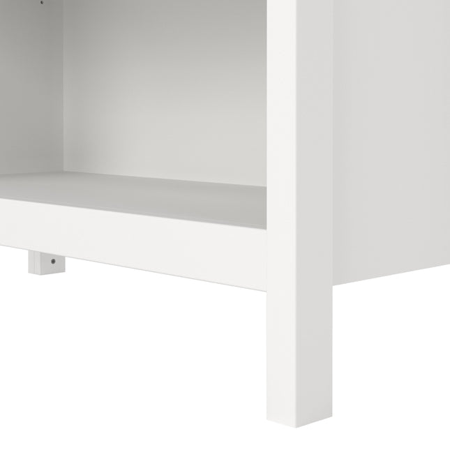 White bookcase with a clean, minimalist design featuring an open shelf and sturdy rectangular frame