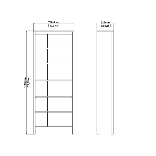 Tall bookcase with five open shelves and a sleek, minimalist design in white. Dimensions indicated on the side