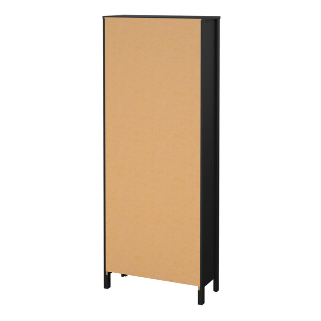 Tall bookcase with a flat, smooth surface and a contrasting black frame, featuring a plain, light brown backing
