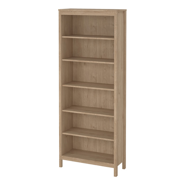 Tall bookcase with five open shelves and a light wood finish. Simple design with straight edges and no visible handles