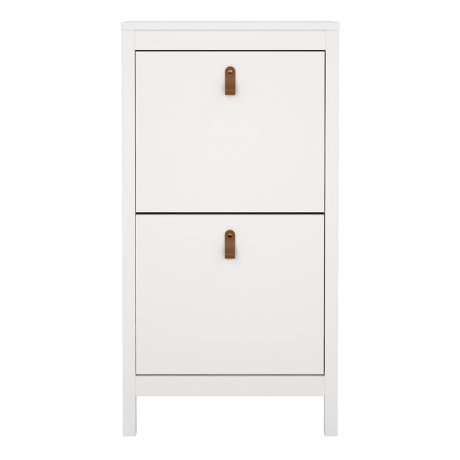Tall cabinet with two flap doors, featuring brown leather handles and a smooth white finish