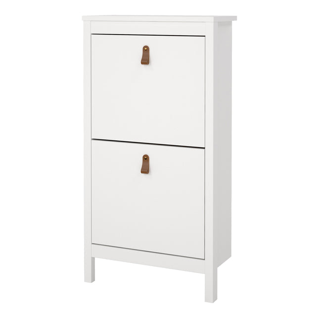 Shoe cabinet with two flap doors, featuring leather handles, in a clean white finish and simple rectangular design