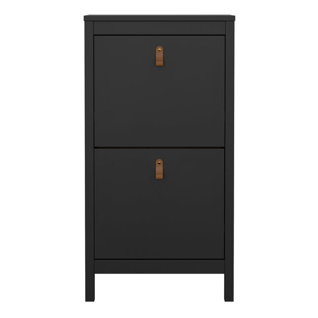 Tall shoe cabinet with two flap doors, finished in black with brown leather handles