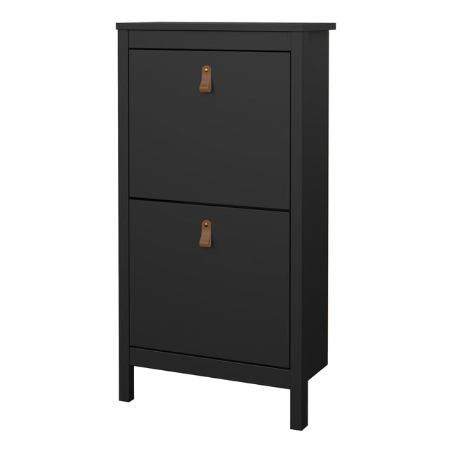 Tall cabinet with two flap doors, featuring leather handles and a sleek black finish