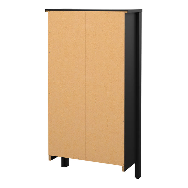 Tall cabinet with two flap doors, featuring a black frame and a light brown, textured surface