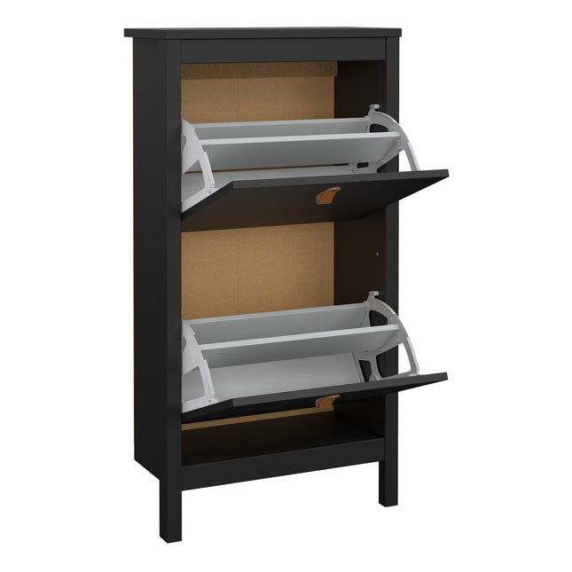 Shoe cabinet with two flap doors, featuring grey compartments and a sleek black frame