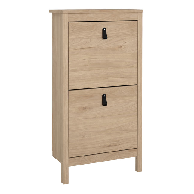 Tall cabinet with two flap doors, featuring a light wood finish and black metal handles