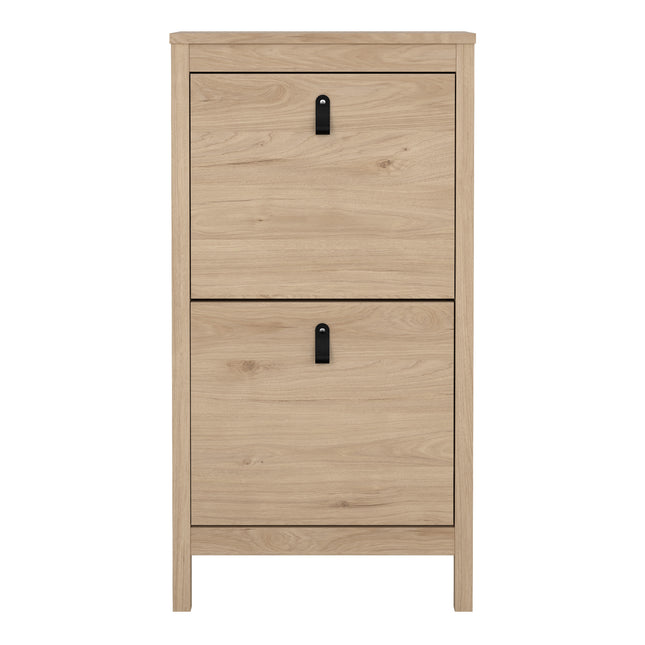 Tall shoe cabinet with two flap doors, featuring a light wood finish and black metal handles
