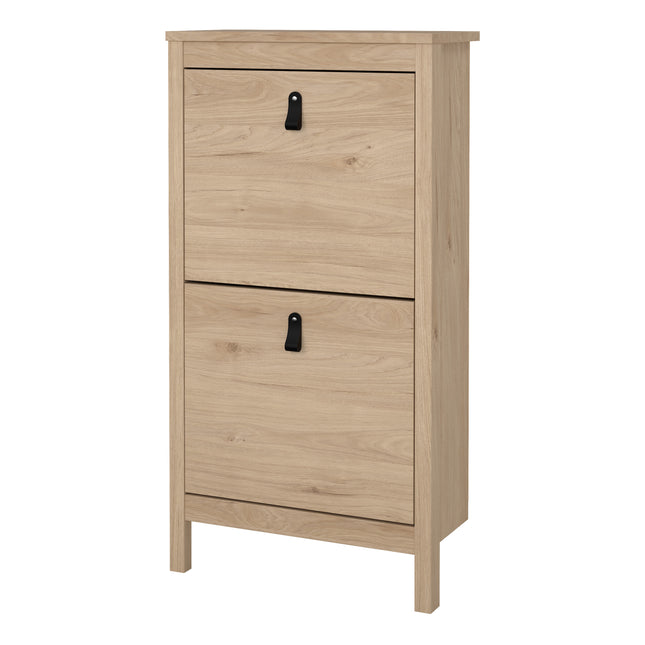 Tall shoe cabinet with two flap doors, featuring a light wood finish and black metal handles