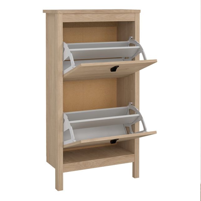 Shoe cabinet with two flap doors, light wood finish, featuring grey storage compartments and a bottom shelf
