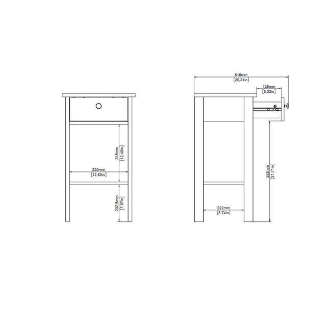 Bedside table with a single drawer, featuring a round knob, in a light wood finish with clean lines
