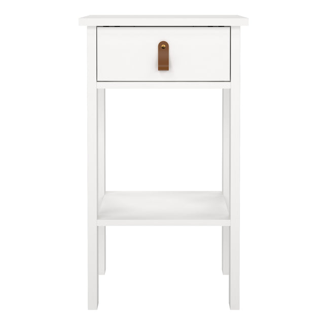 Tall bedside table with one drawer featuring a leather handle, finished in white with an open shelf below