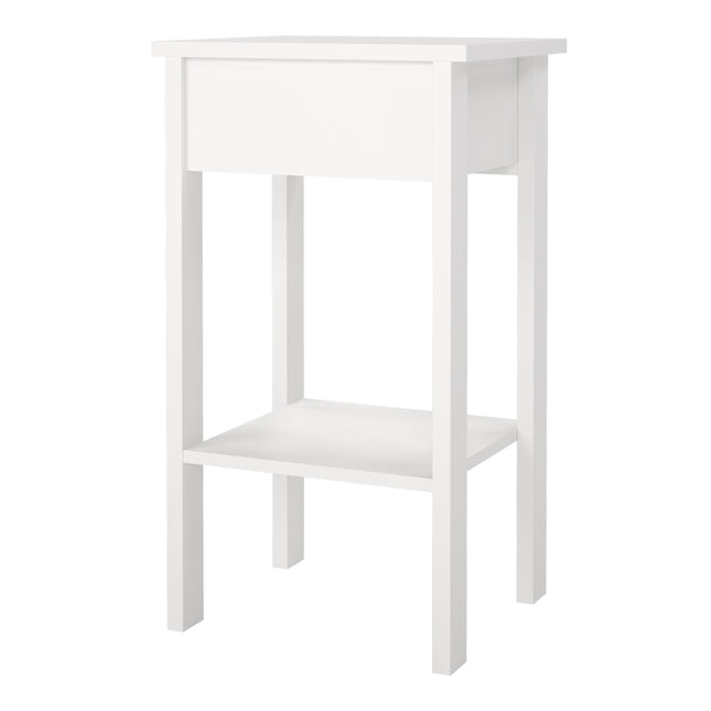 Tall bedside table with a single drawer and an open shelf, finished in white. Simple, clean lines and sturdy legs