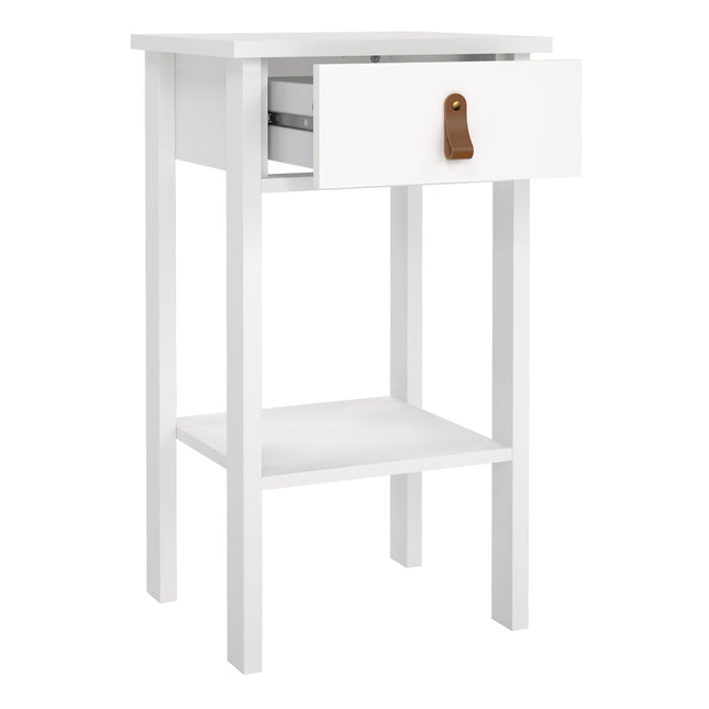 Square bedside table with one drawer featuring a leather pull, finished in white with an open shelf below