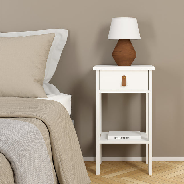 Bedside table with one drawer, wooden handle, and open shelf, finished in white with a light wood base
