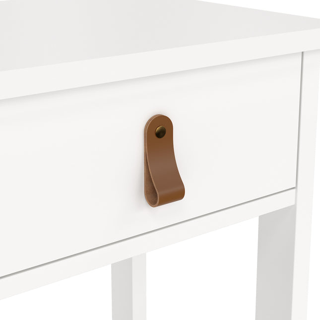 Bedside table with a single drawer featuring a brown leather handle and a sleek white finish