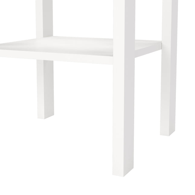Bedside table with a single drawer and a lower shelf, featuring a clean white finish and straight legs