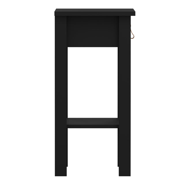 Tall bedside table with a single drawer and an open shelf, finished in black with a simple design