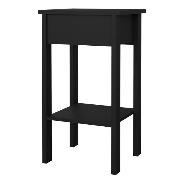 Tall bedside table with a single drawer and an open shelf, finished in matte black