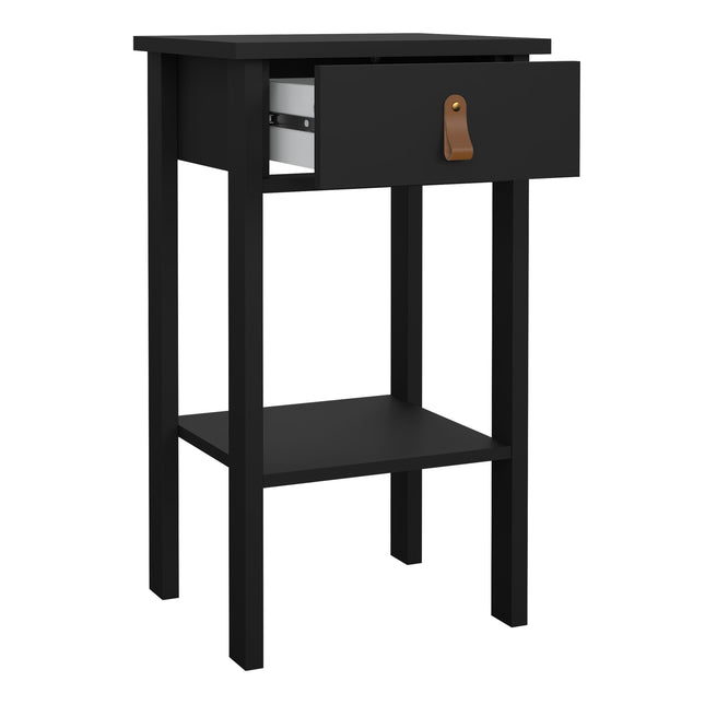 Bedside table with one drawer featuring a leather handle, open shelf below, and a sleek black finish