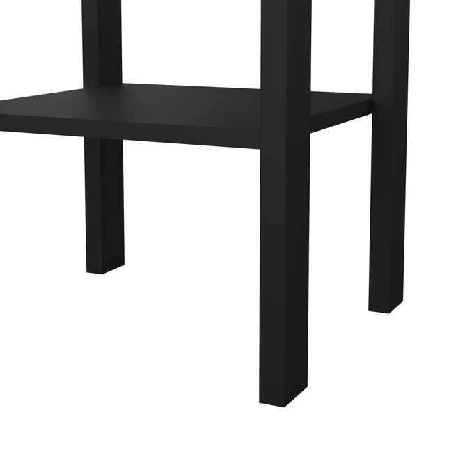 Black bedside table with a single drawer and a lower shelf, featuring clean lines and square legs