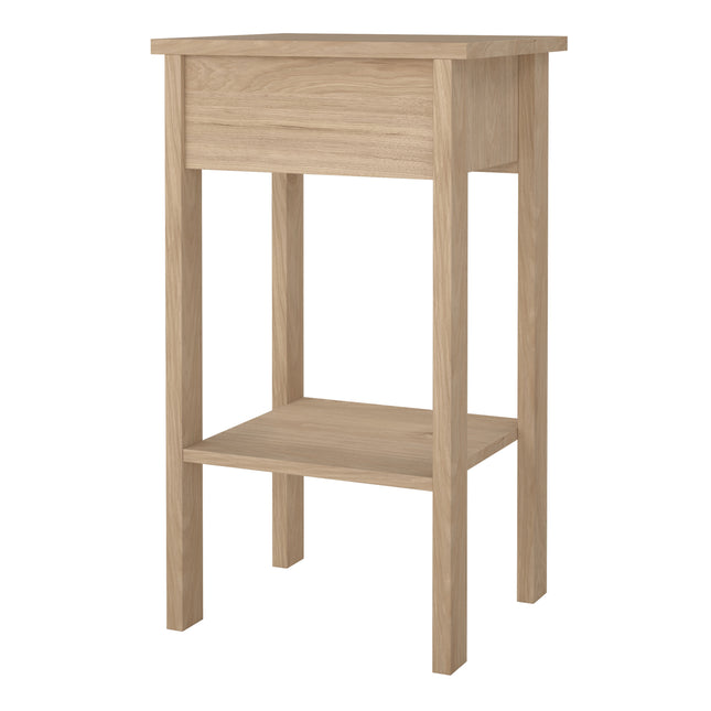 Tall bedside table with a single drawer and an open shelf, made of light wood with a natural finish