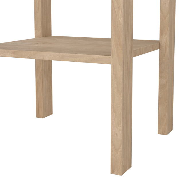 Wooden bedside table with a single drawer and an open shelf, featuring a light natural wood finish