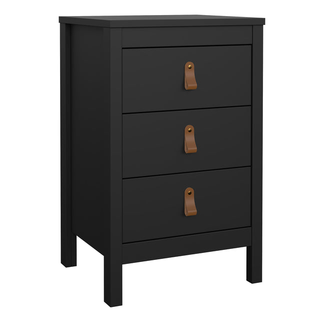Black bedside table with three drawers featuring leather pull handles. Simple, rectangular design with straight legs