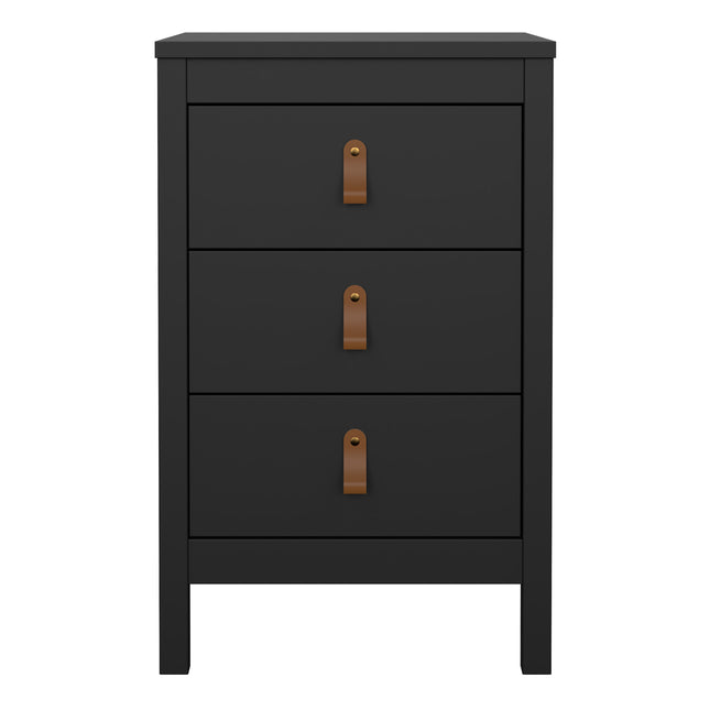 Black bedside table with three drawers, featuring leather strap handles and a smooth top surface
