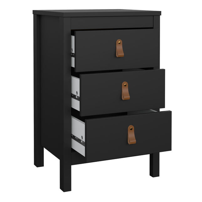 Three-drawer bedside table in black with leather strap handles and a smooth top surface