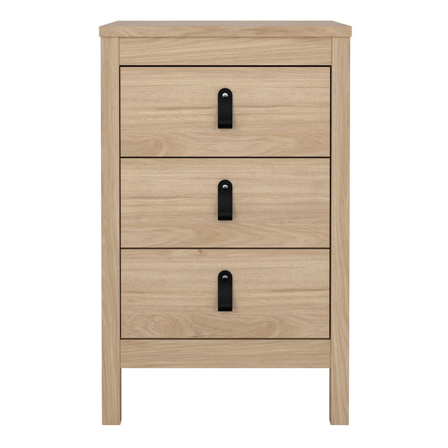 Three-drawer bedside table in light wood finish with black metal handles and a flat top surface