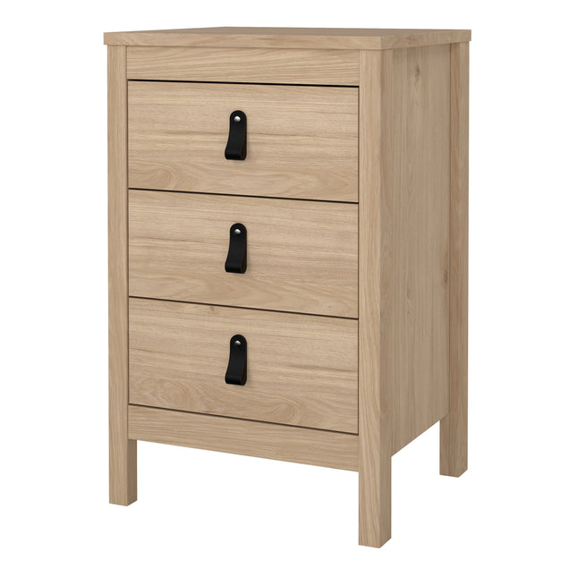 Three-drawer bedside table with a light wood finish and black metal handles. Simple, rectangular design with sturdy legs